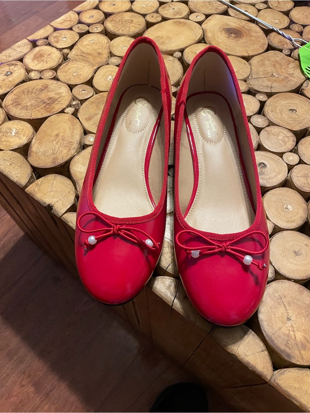 Women's Red Pearl-Trim Ballet Flats